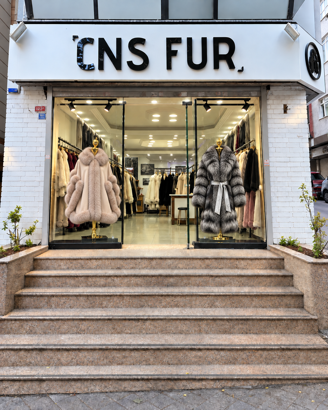 Vitrina CNS FUR, cu un poncho bej și o haină lungă argintie-neagră, cu cordon argintiu